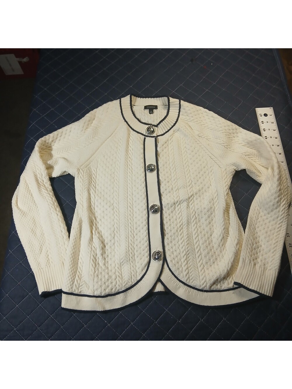 Talbots Preppy Cable Knit Cardigan Sweater Cream Black Trim M Medium